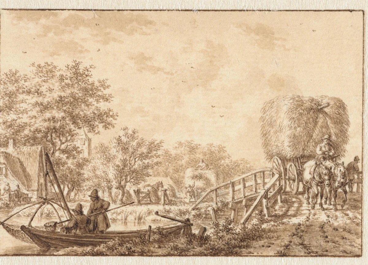 Landschap met vissers in een bootje en hooiwagen op een bruggetje by Jacob Cats, drawing, 1780