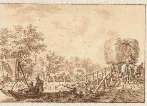 Landschap met vissers in een bootje en hooiwagen op een bruggetje by Jacob Cats, drawing, 1780