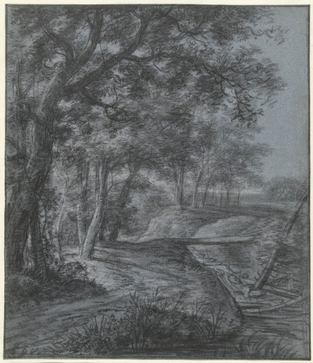 Bosrand met een beek waarover een loopplank ligt by Simon de Vlieger, drawing, 1610-1653