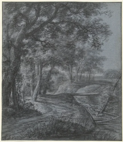 Bosrand met een beek waarover een loopplank ligt by Simon de Vlieger, drawing, 1610-1653