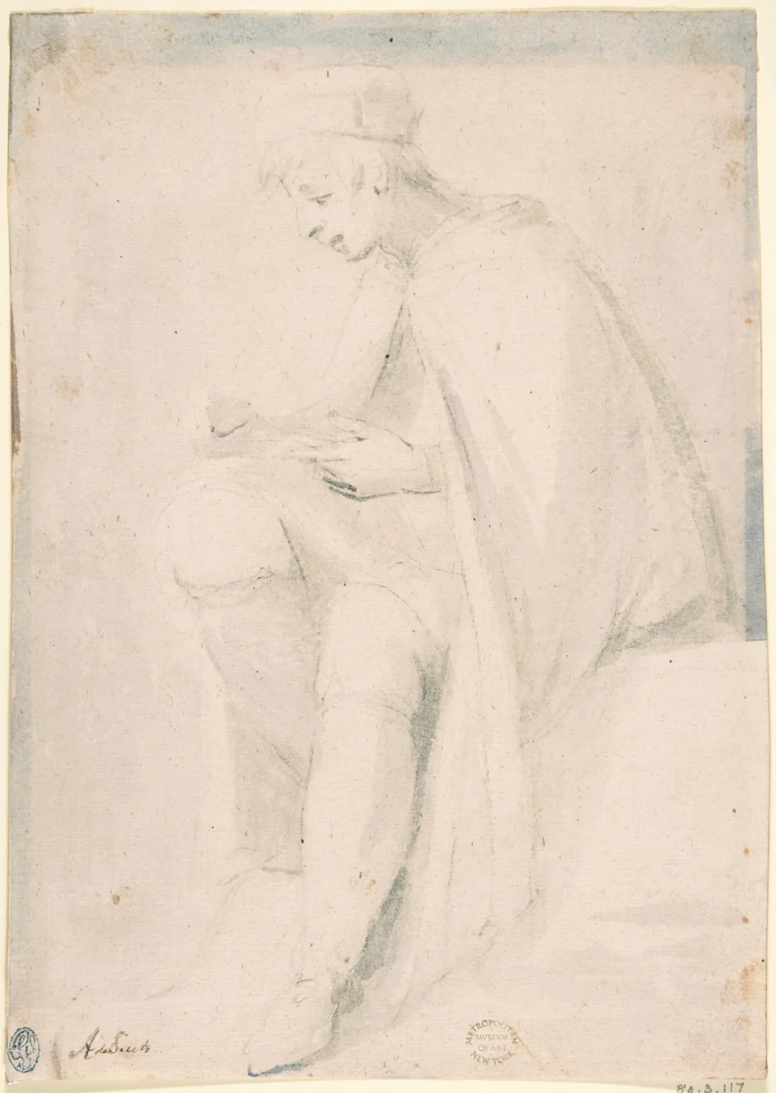 Man Seated, Writing on His Knee by anonymous, drawing, 1500-1600