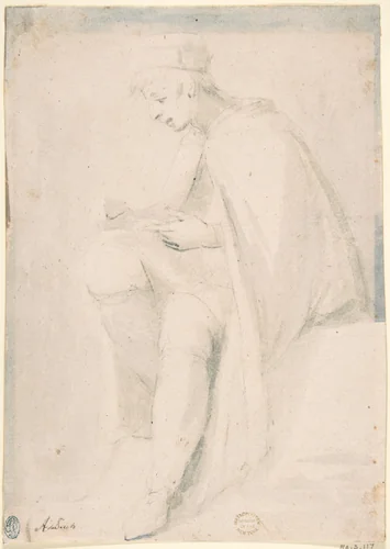 Man Seated, Writing on His Knee by anonymous, drawing, 1500-1600