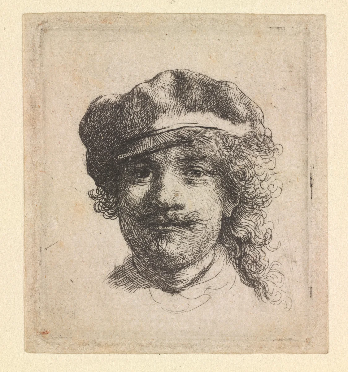 Self-portrait wearing a soft cap: full face, head only by Rembrandt van Rijn, print, 1634