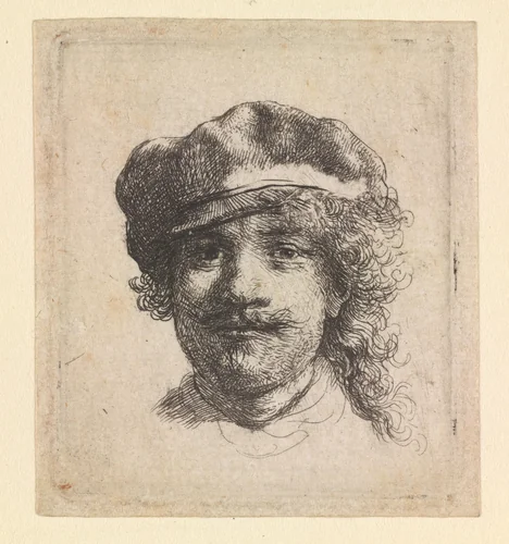 Self-portrait wearing a soft cap: full face, head only by Rembrandt van Rijn, print, 1634
