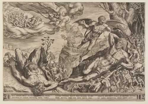 Hercules besieged by Pygmies by Cornelis Cort, print, 1562-1563