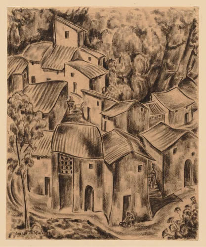 Ox Stalls by Louise B. Maloney, drawing, 1920-1926