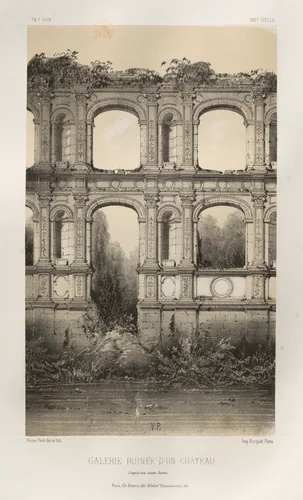 Architecture Pittoresque ou Monuments des XVeme. Et XVIeme. Siecles: Chateaux de France des XV et XVI Siecles: Pl. 74, Galerie Ruinée D'Un Château, d'aprés un vieux dessin by Victor Petit, print, 1860