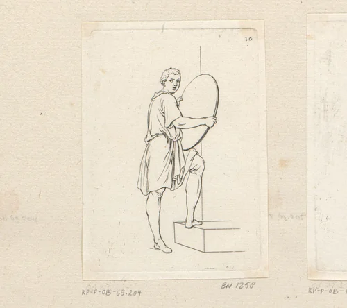 Staande man met voet op tree en schild in zijn handen by Sébastien Leclerc, print, 1706