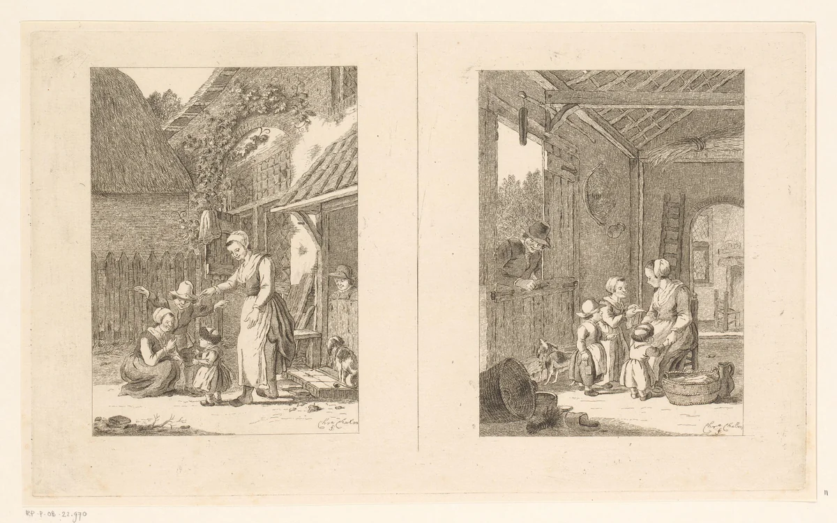 Twee voorstellingen van een moeder met kinderen by Pieter de Mare, print, 1779