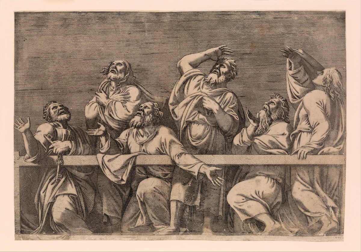 The Apostles Looking at Christ and the Virgin in a Glory of Angels (bottom right plate) by Léon Davent, print, 1546