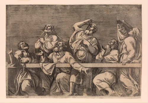 The Apostles Looking at Christ and the Virgin in a Glory of Angels (bottom right plate) by Léon Davent, print, 1546