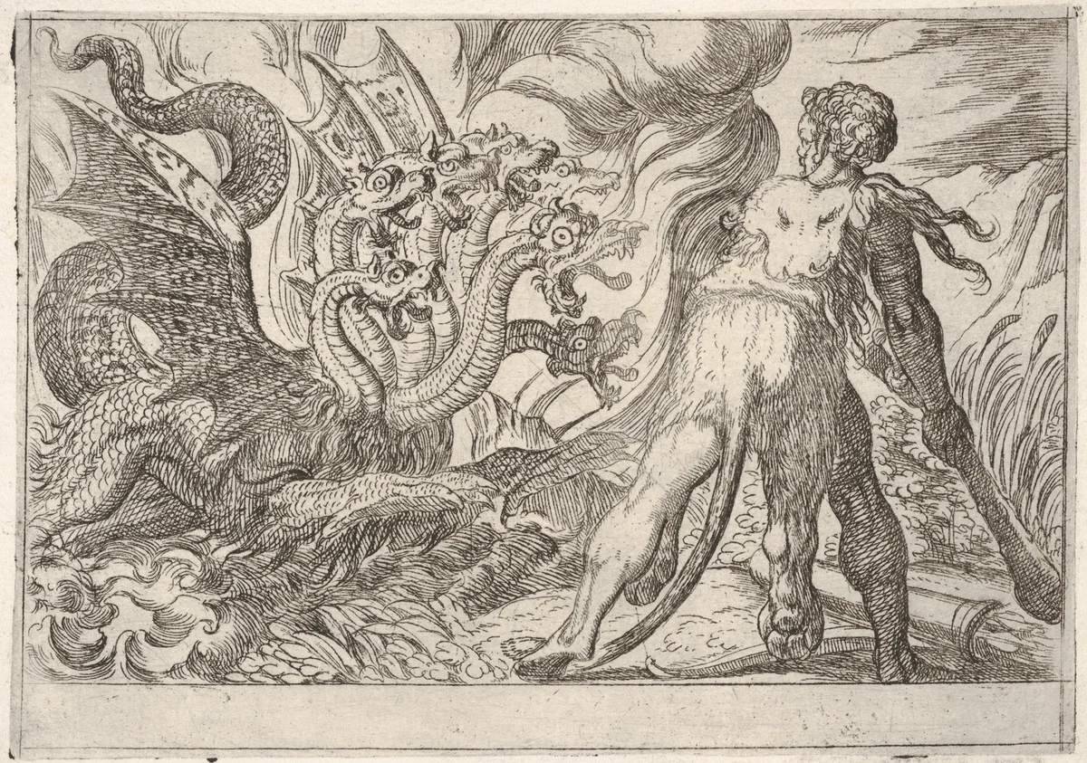 Hercules and the Hydra of Lerna, from "The Labors of Hercules" by Antonio Tempesta, print, 1608