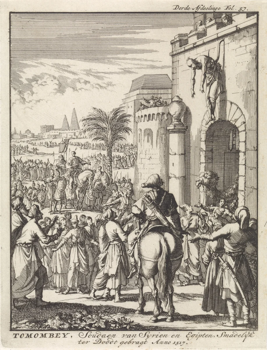 Tuman bay II, sultan van Egypte, opgehangen boven de stadspoort van Istanbul, 1517 by Jan Luyken, print, 1698