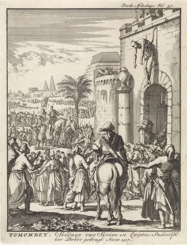 Tuman bay II, sultan van Egypte, opgehangen boven de stadspoort van Istanbul, 1517 by Jan Luyken, print, 1698