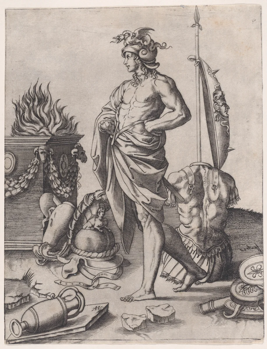 A Young Warrior Standing by an Altar, after Raphael by Agostino Veneziano, print, 1514-1536