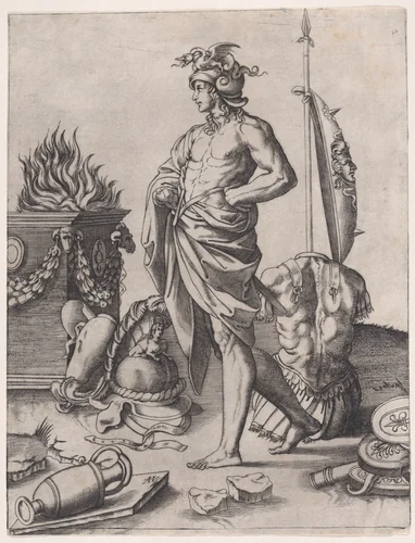 A Young Warrior Standing by an Altar, after Raphael by Agostino Veneziano, print, 1514-1536