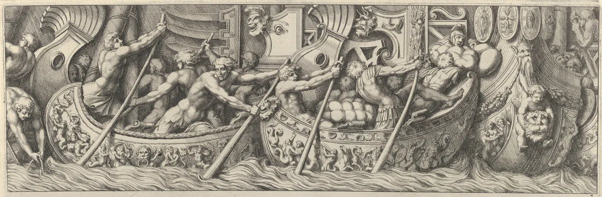 Plate 6: figures in boats decorated with mythological subjects using poles to propel them by Pietro Santi Bartoli, print, 1655-1665