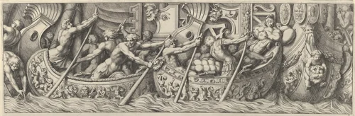 Plate 6: figures in boats decorated with mythological subjects using poles to propel them by Pietro Santi Bartoli, print, 1655-1665