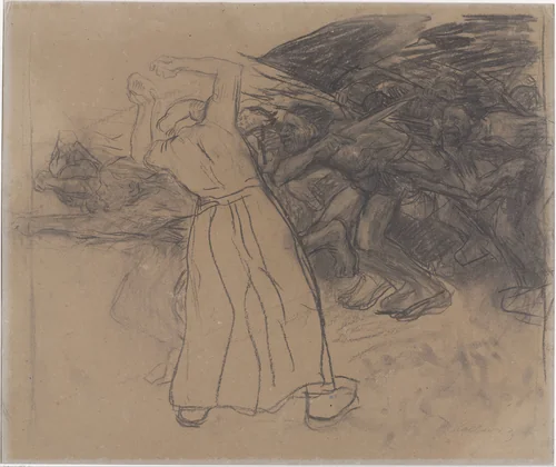 Staande volksvrouw moedigt oprukkende groep mannen aan by Käthe Kollwitz, drawing, 1898-1903