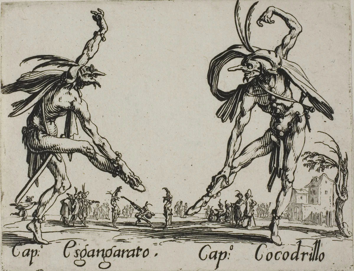 Capitano Esgangarato - Capitano Cocodrillo, plate 14 from Balli di Sfessania by Jacques Callot, print, 1617-1627