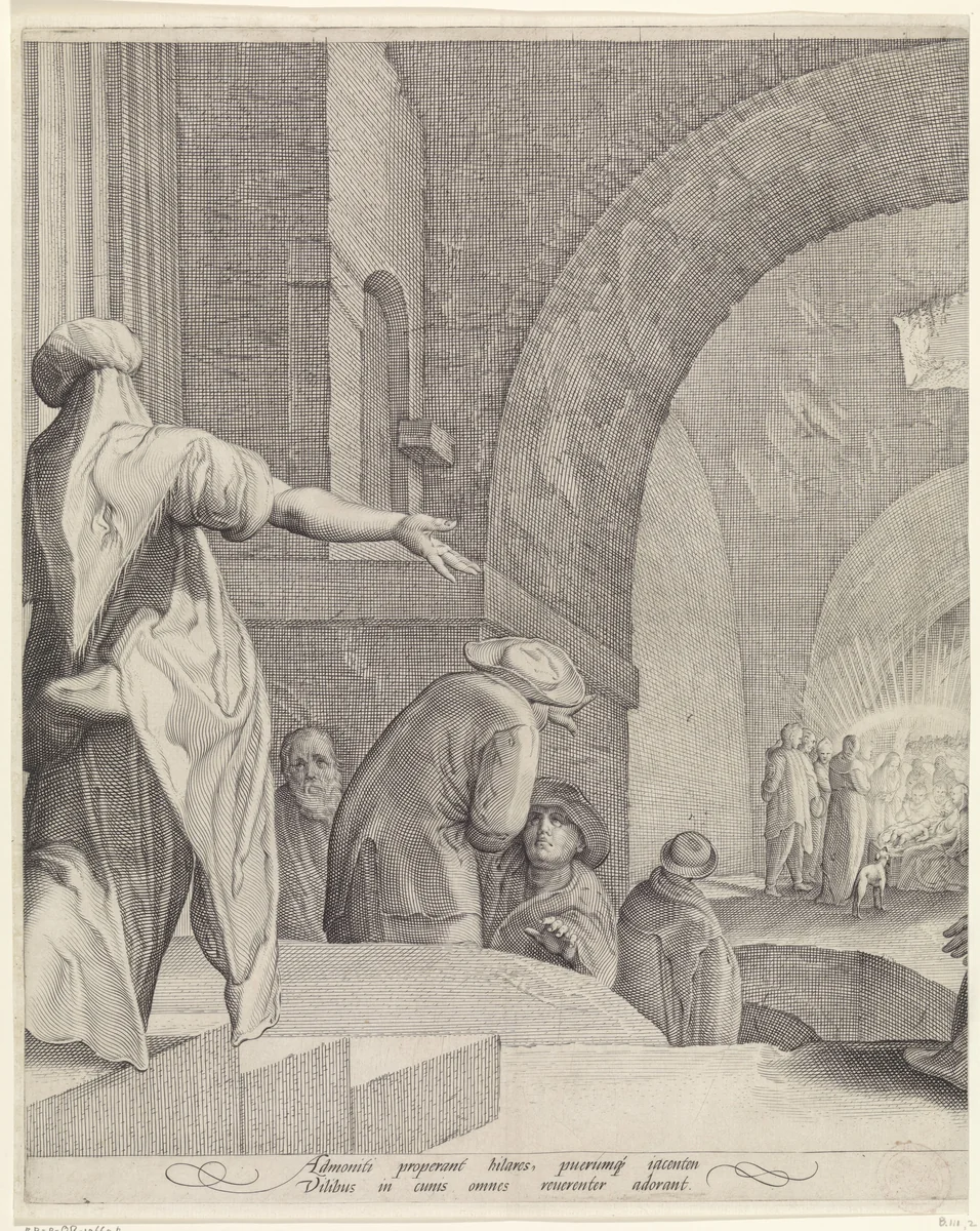 Aanbidding door de herders (middelste blad) by Jan Saenredam, print, 1601-1652