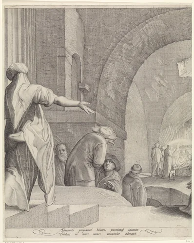 Aanbidding door de herders (middelste blad) by Jan Saenredam, print, 1601-1652