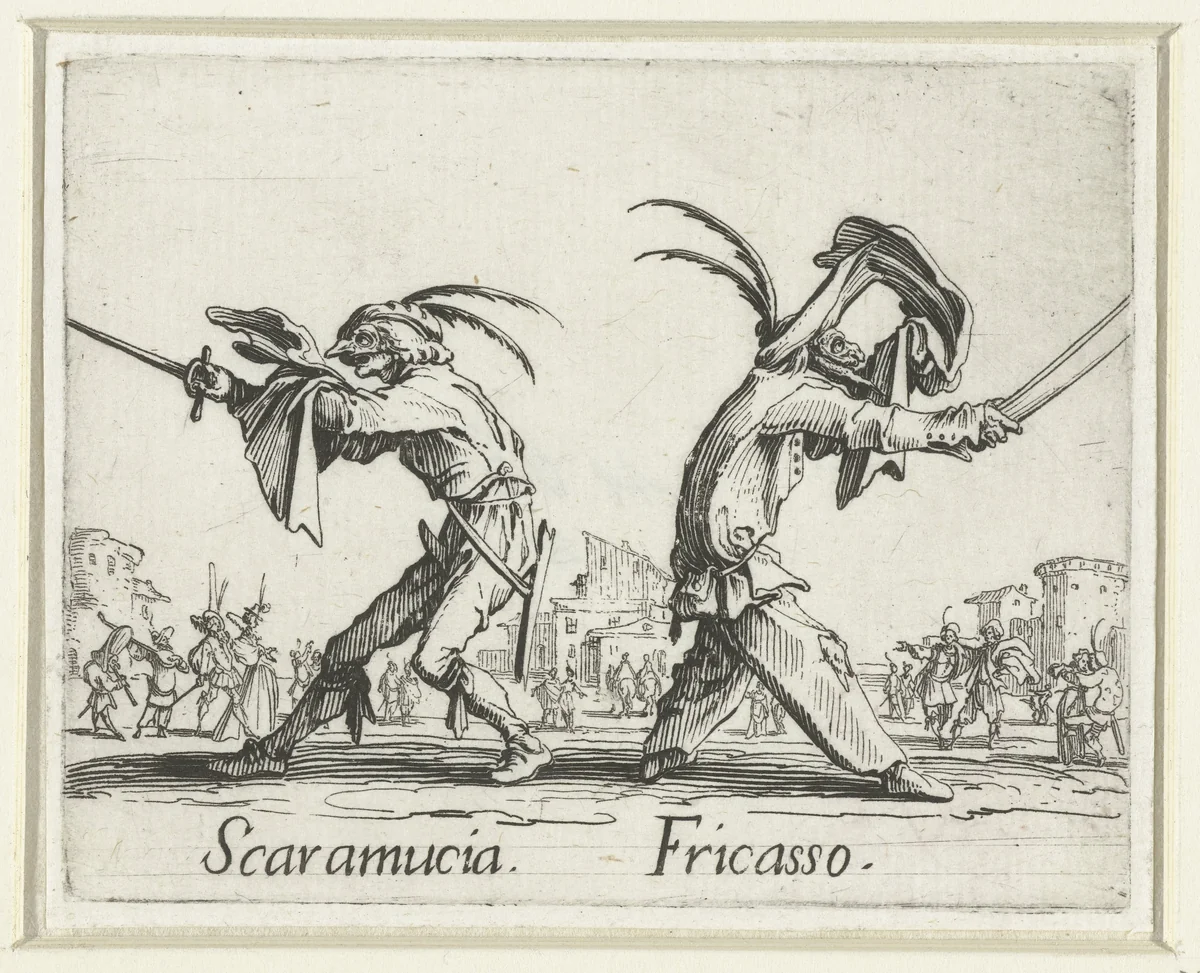 Twee straatartiesten als Scaramucia en Fricasso by Jacques Callot, print, 1621-1622