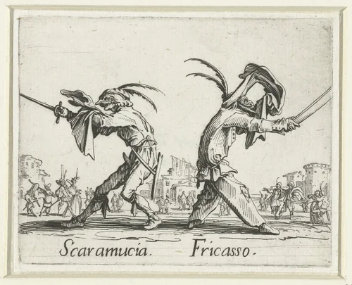 Twee straatartiesten als Scaramucia en Fricasso by Jacques Callot, print, 1621-1622