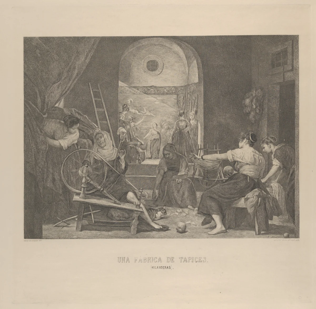 The Fable of Aracne, or 'The Spinners', after Velázquez by Bartolomé Maura, print, 1870