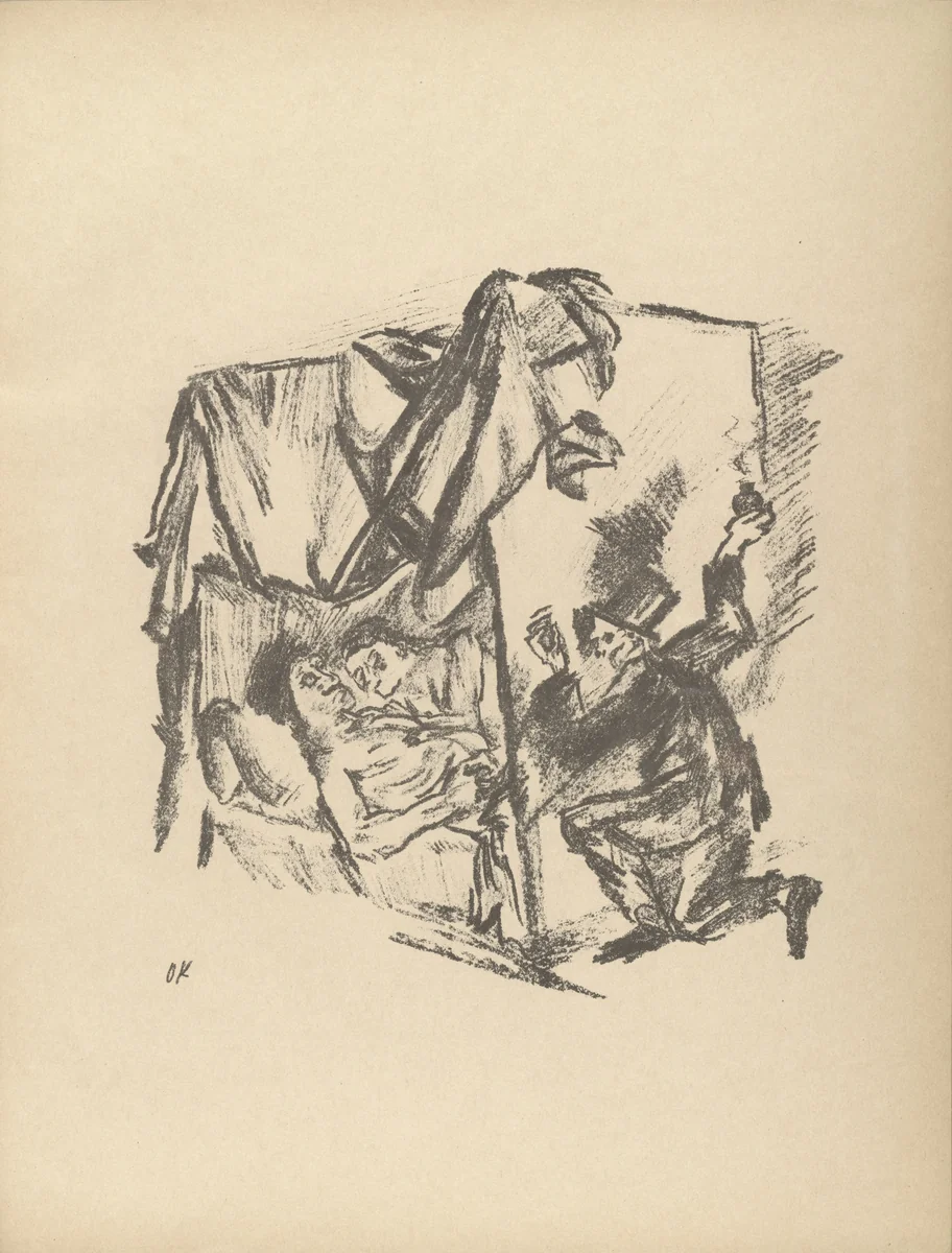 The Eavesdropper (Des Lauscher) (plate, folio 18) from Die Chinesische Mauer (The Great Wall of China) by Oskar Kokoschka, illustrated book, 1914