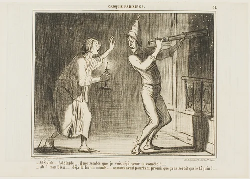 “- Adelaide, Adelaide.. I think I can see the comet coming!!... - Oh my God... this is the end of the world.... how annoying. They promised it wouldn't come until June 13!,” plate 31 from Croquis Parisiens by Honoré-Victorin Daumier, print, 1857