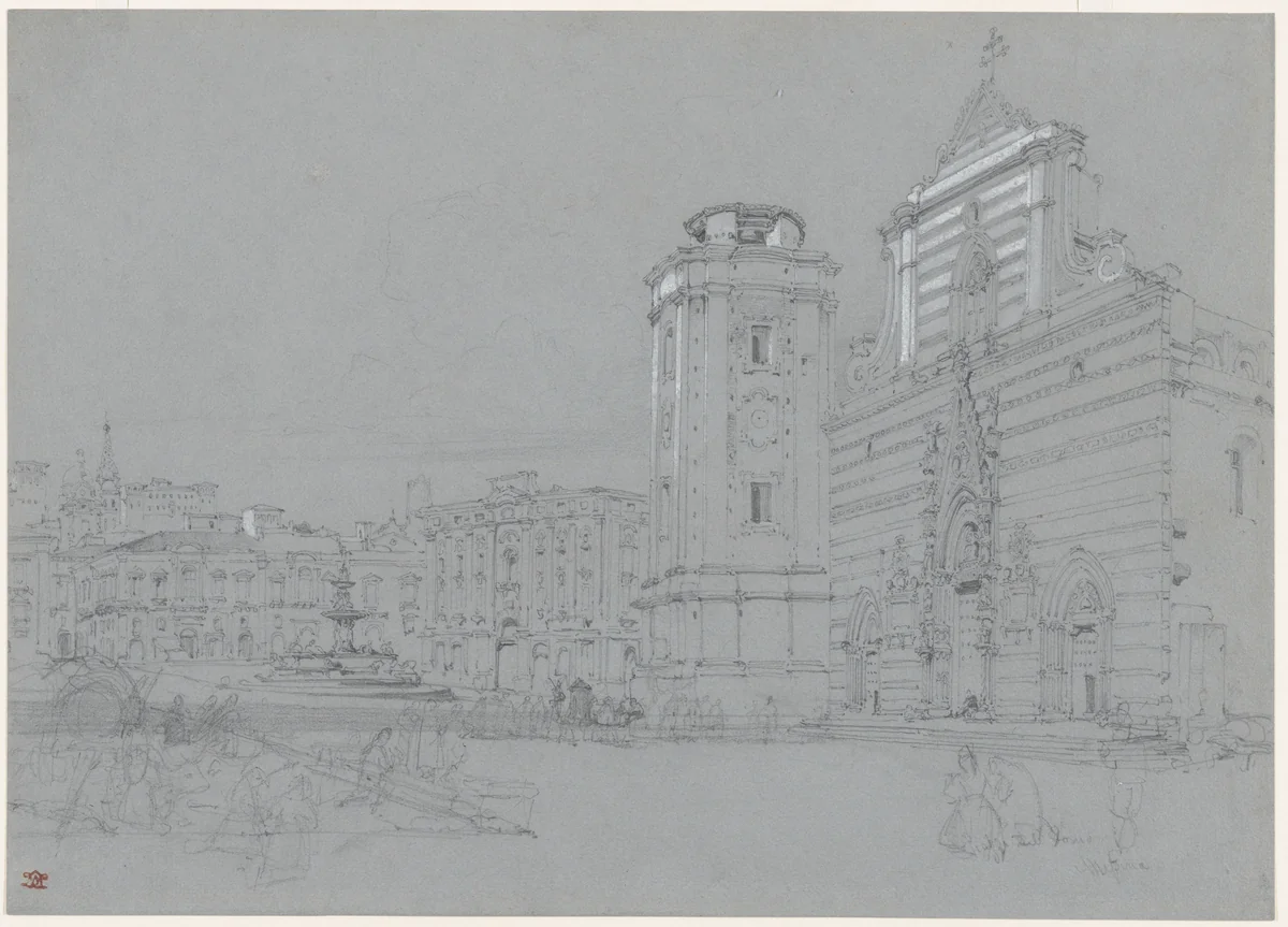 Piazza del Duomo, Messina, Sicily by William Leighton Leitch, drawing, 1835-1836