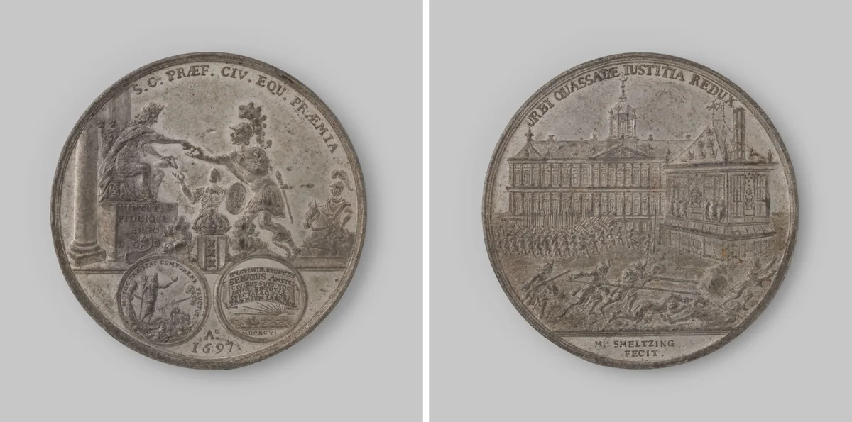 Op de demping van het aansprekersoproer te Amsterdam naar aanleiding van de keur op het begraven by Martin Smeltzing, metalwork, 1697