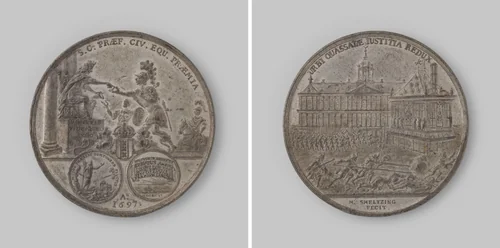 Op de demping van het aansprekersoproer te Amsterdam naar aanleiding van de keur op het begraven by Martin Smeltzing, metalwork, 1697