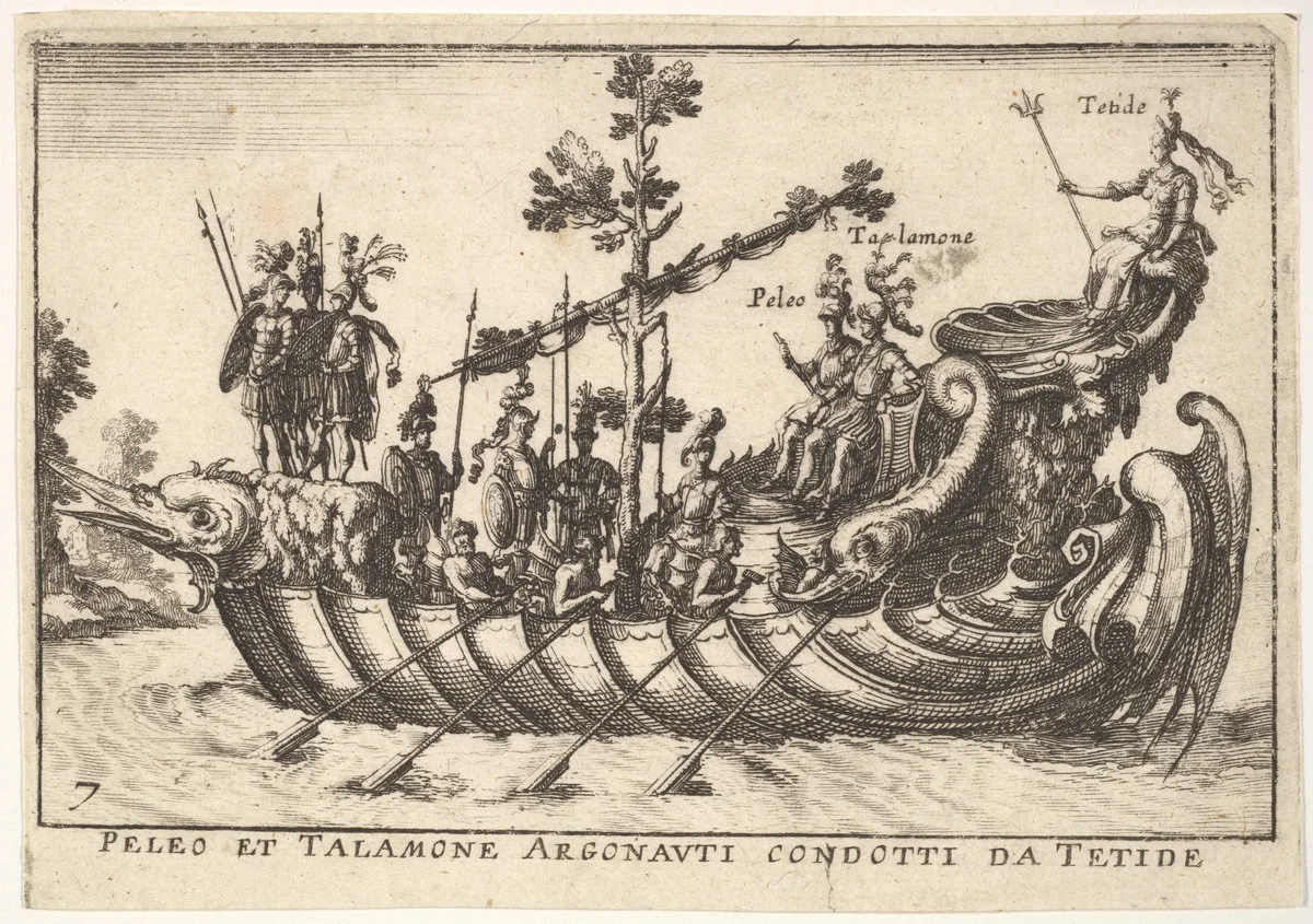 Plate 7: Peleo et Talamone Argonauti condotti da Tetide, from "The magnificent pageant on the river Arno in Florence for the marriage of the Grand Duke" (Le Magnifique carousel fait sur le fleuve de l'Arne a Florence, pour le mariage du Grand Duc) by anonymous, print, 1664
