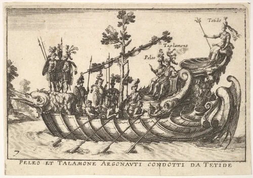 Plate 7: Peleo et Talamone Argonauti condotti da Tetide, from "The magnificent pageant on the river Arno in Florence for the marriage of the Grand Duke" (Le Magnifique carousel fait sur le fleuve de l'Arne a Florence, pour le mariage du Grand Duc) by anonymous, print, 1664