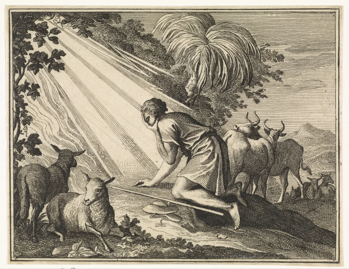 Mozes knielt bij de brandende braamstruik by Caspar Luyken, print, 1712