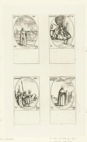 Heilige Philibertus van Jumièges, Heilige Privatus van Gévaudan, Heilige Symphorianus van Autun, Heilige Philippus Benitius (20-23 augustus) by Jacques Callot, print, 1632-1636
