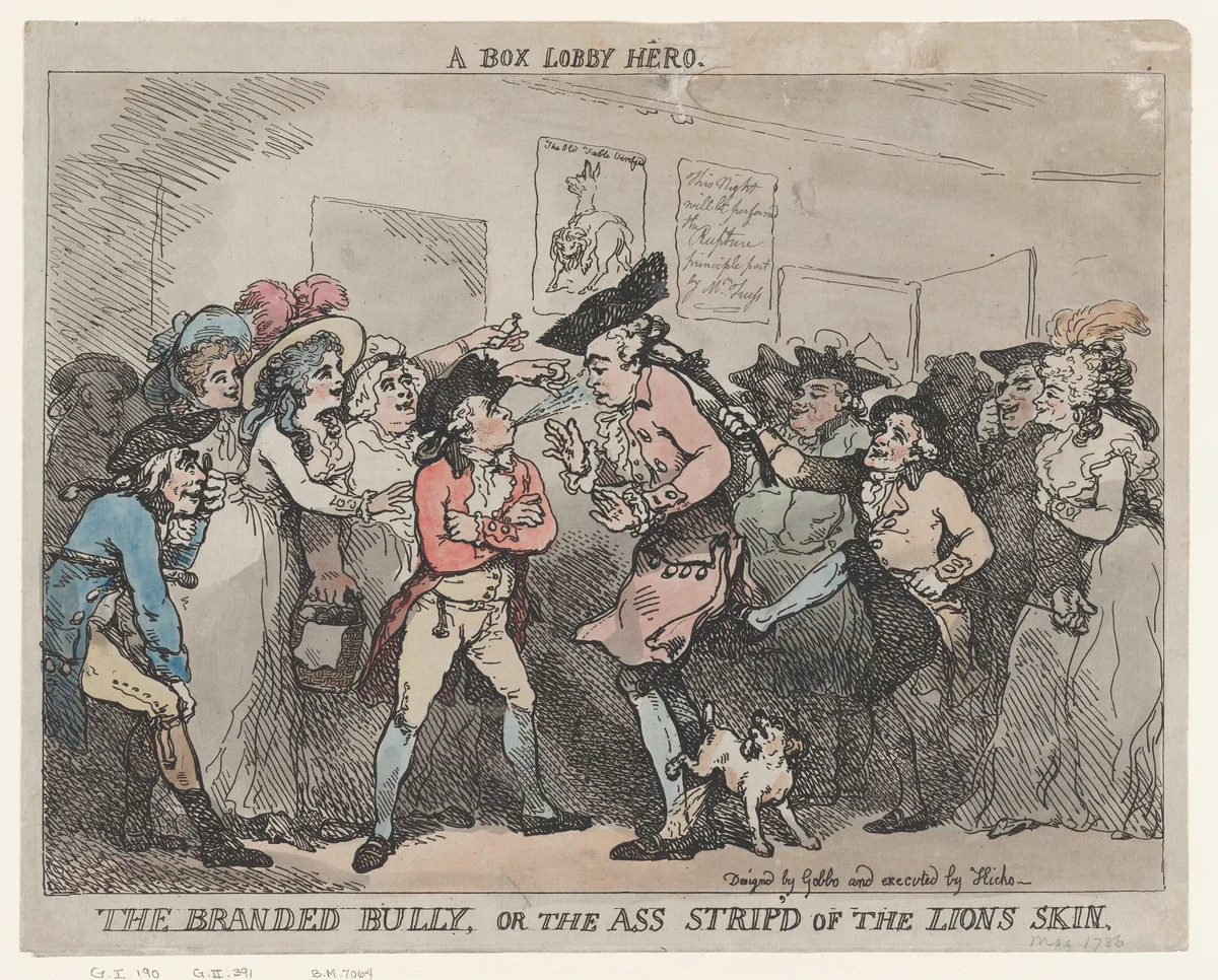 A Box Lobby Hero, The Branded Bully, or The Ass Stripp'd of the Lion's Skin. by Thomas Rowlandson, print, 1786