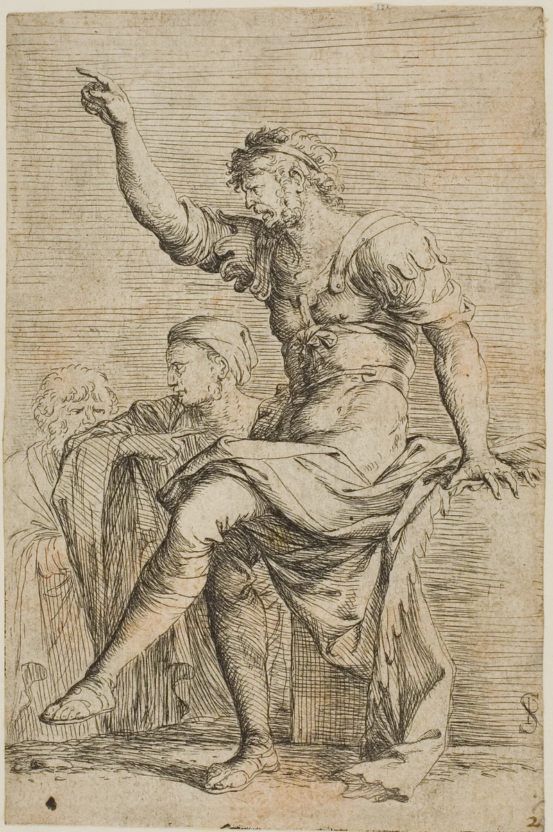 A warrior sits on a block and gestures; two figure are behind him, from Figurine series by Salvator Rosa, print, 1656-1657