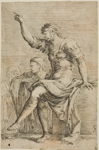 A warrior sits on a block and gestures; two figure are behind him, from Figurine series by Salvator Rosa, print, 1656-1657