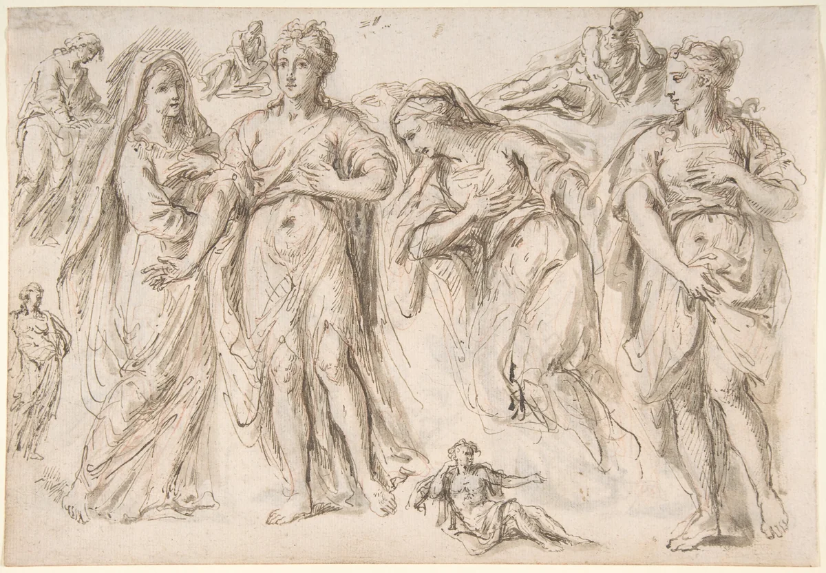 Studies of draped female and male figures; verso: Studies of draped female figures by Bartholomaeus Ignaz Weiss, drawing, 1750-1815