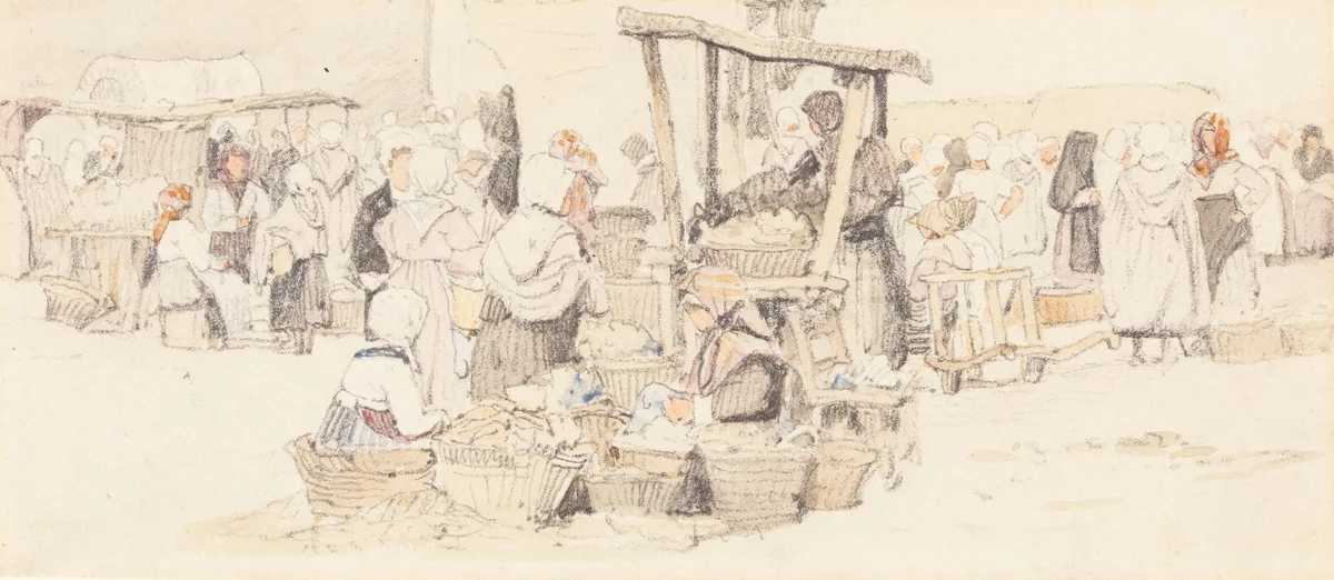 An Outdoor Market by Samuel Prout, drawing, 1783-1852