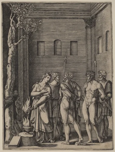 Iphigenia Recognizing Her Brother by Agostino dei Musi, print, 1490-1536