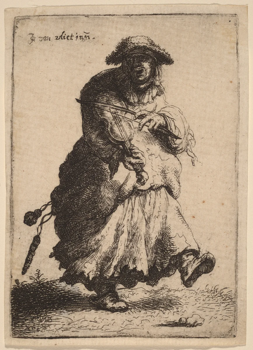 Beggar Woman Playing the Violin by Johannes van Vliet, print, 1632