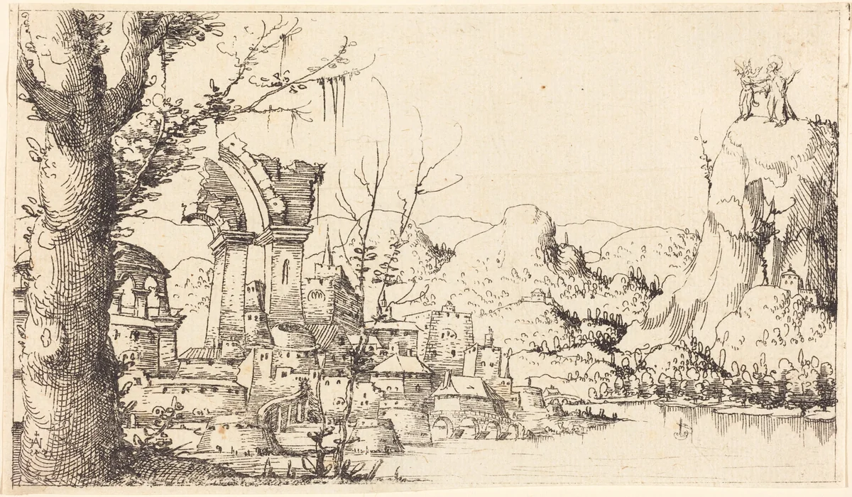 River Landscape with the Temptation of Christ by Augustin Hirschvogel, print, 1545