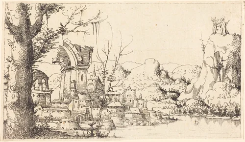 River Landscape with the Temptation of Christ by Augustin Hirschvogel, print, 1545