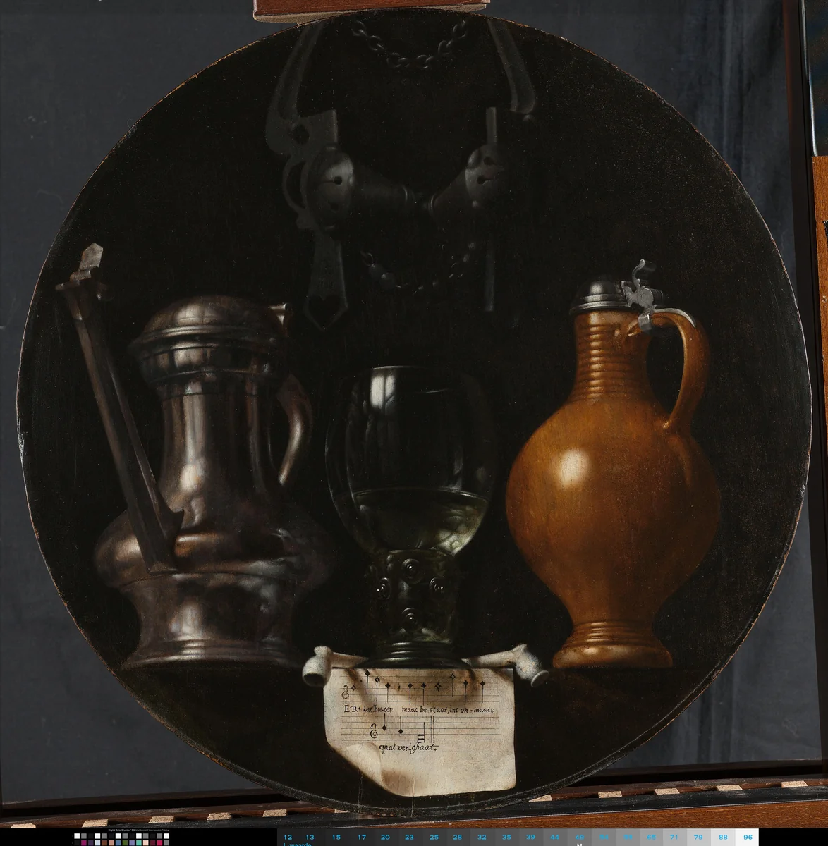 Emblematic Still Life with Flagon, Glass, Jug and Bridle by Johannes Torrentius, painting, 1614