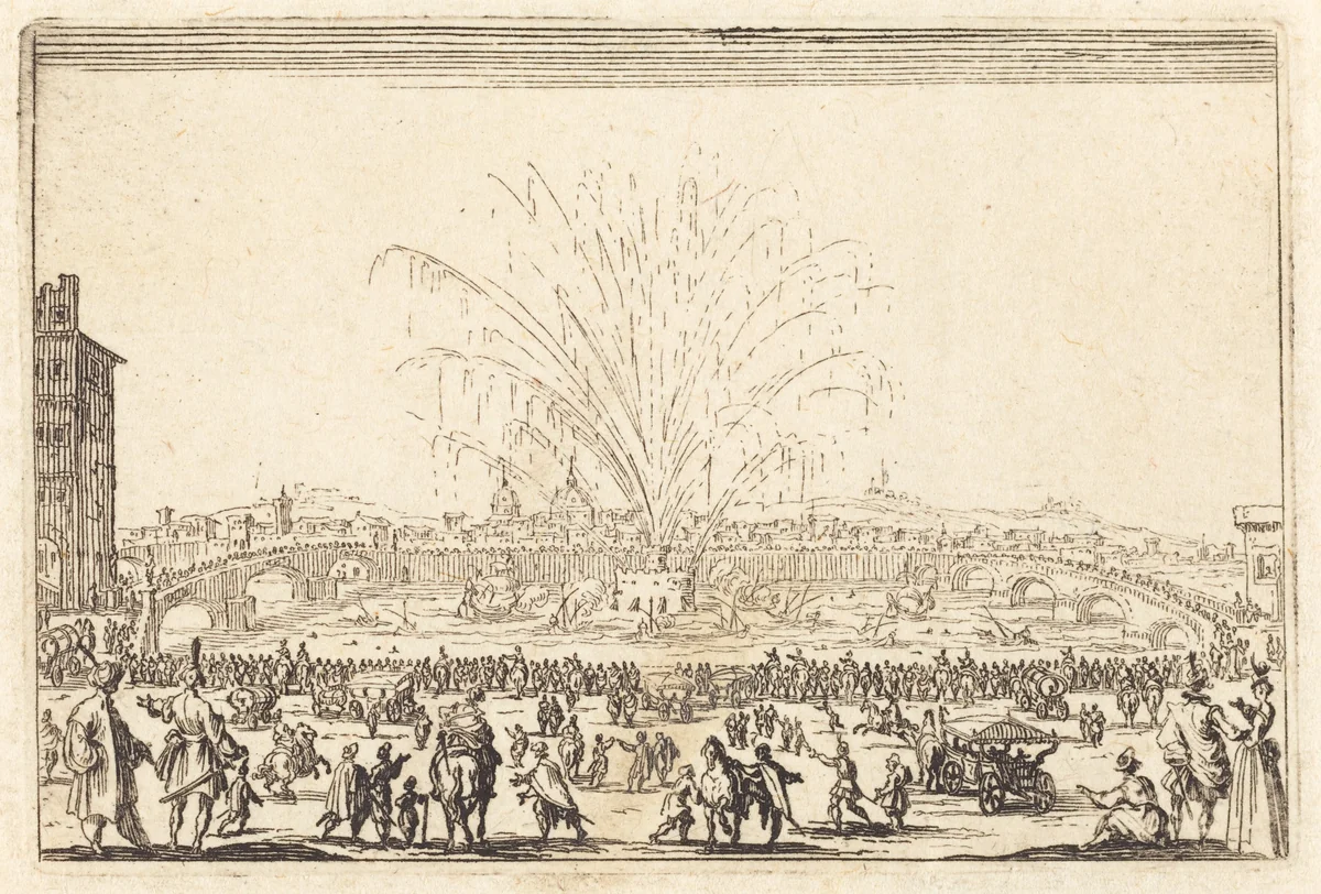 Fireworks on the Arno, Florence by Jacques Callot, print, 1622