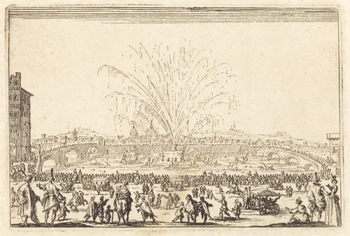Fireworks on the Arno, Florence by Jacques Callot, print, 1622
